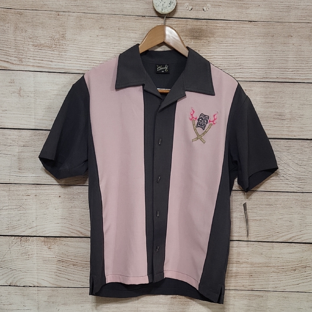 NWT Steady Men's XS Pink and Black Button-Up Shirt with Embroidered Design